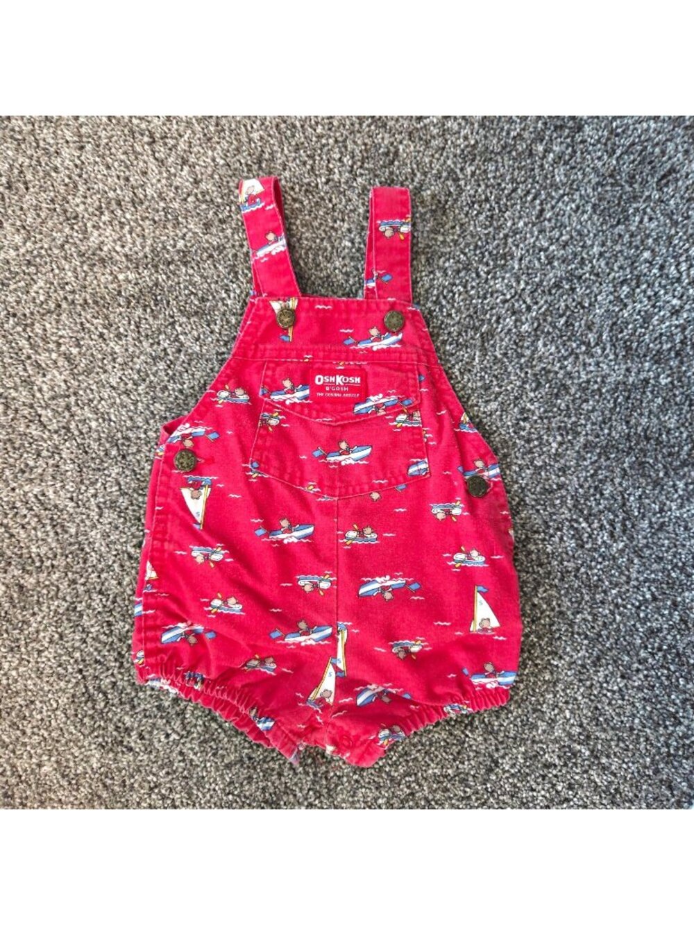 Vintage 90s OshKosh BGosh 24M Red Bear Boat Print Shortalls Overalls Made In USA